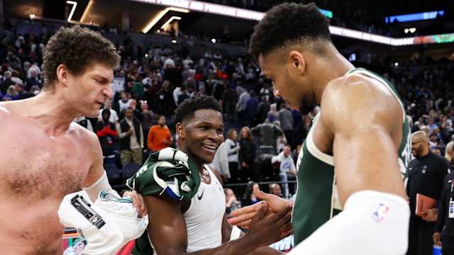 February 23, 2024; Minnesota Timberwolves guard Anthony Edwards and Milwaukee Bucks forward Giannis Antetokounmpo